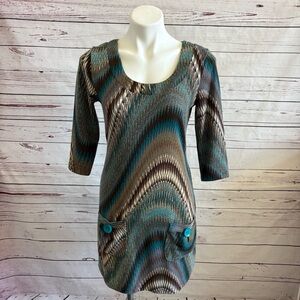 Papillon Blanc Sheath Dress Aztec Print Teal Medium Brown Scoop Neck 3/4 Sleeve